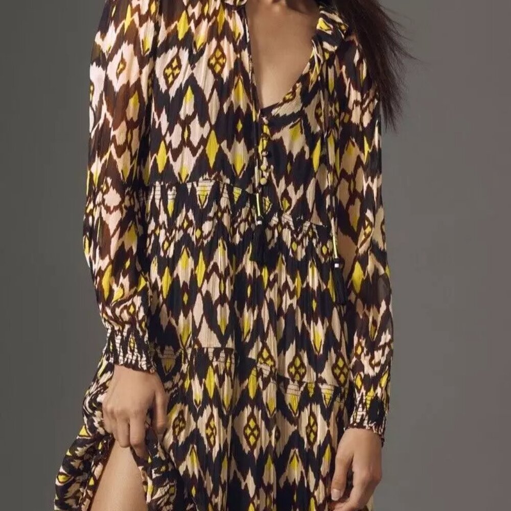 Anthropologie Black, Yellow & Cream Patterned Maxi Dress